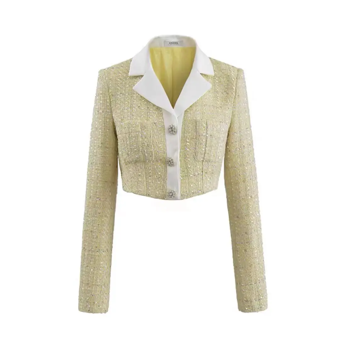 Elegancki garnitur Crop Blazer+spódnica dla kobiet Żółty Słodki Modny Tweed Jesienna Mini Spódniczka Zestawy 2-częściowe conjuntos de mujer