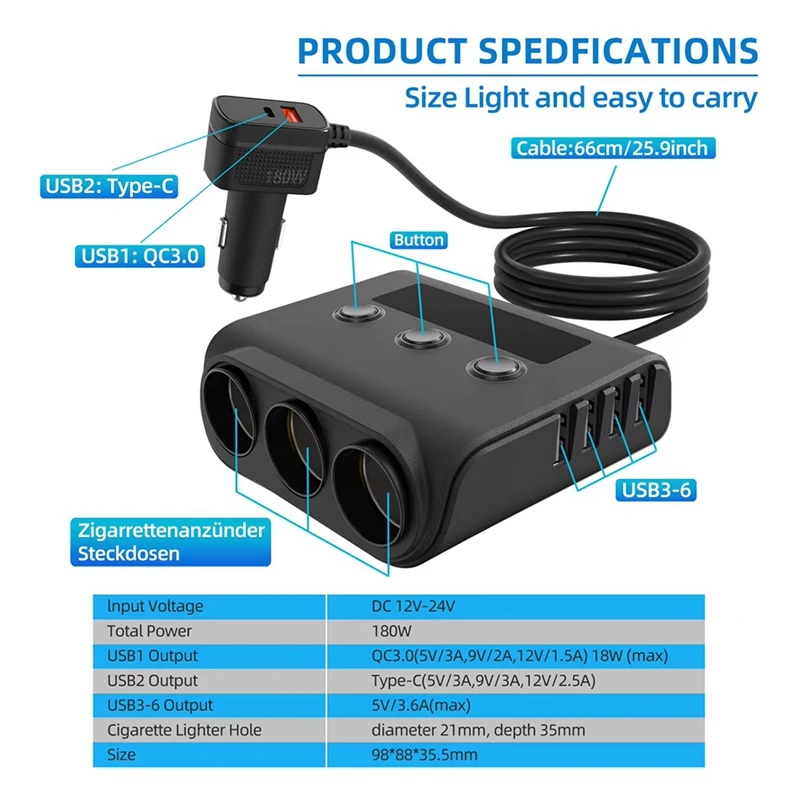 180W Car Cigarette Lighter Multi Triple Splitter With Switch Digital Voltage Display 4 USB Ports Type C Charger Adapter