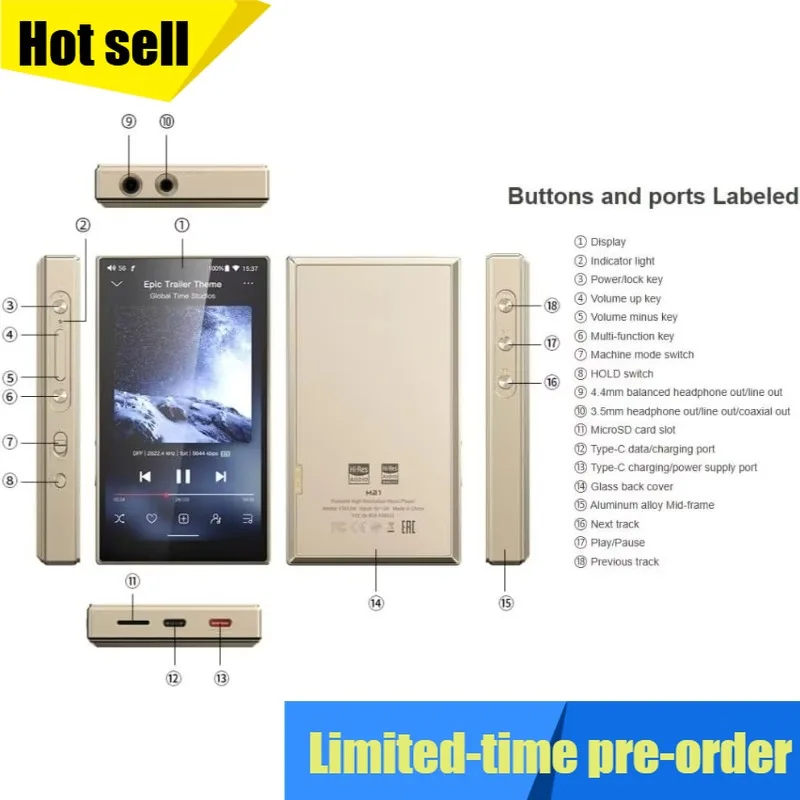 

Портативный музыкальный плеер Hardware M21 Android 13 MP3 на базе Snapdragon 680 с 4* чипами ЦАП CS43198, Hi-Res Audio, DSD, Bluetooth LDAC (Титан)