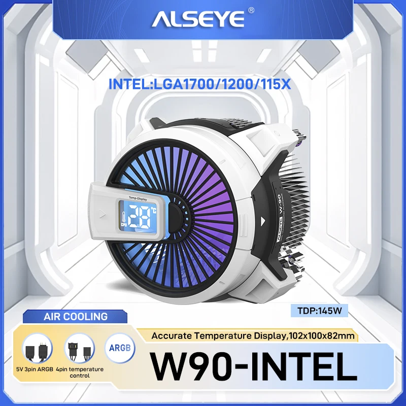 Alseye W90 CPU Cooler PWM 4 Pin Fan 90 mm ARGB Lighting Precise Temperature Display Cooler Cpu Support Intel LGA 1700/1200/115X