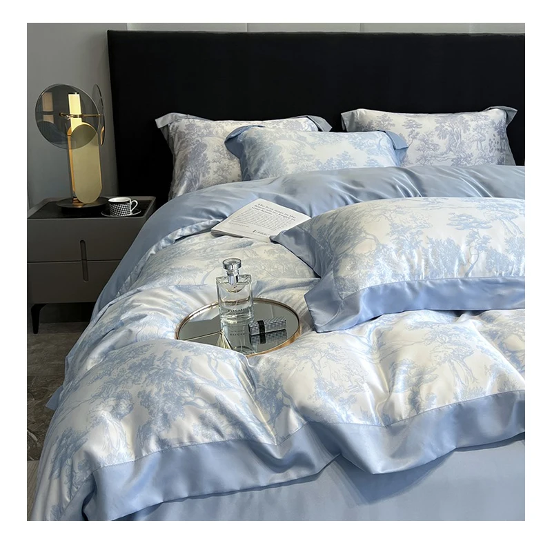 Simple washed silk four-piece bedding set, ice silk duvet cover, European style smooth silk, nude sleep, summer bedding, tencel