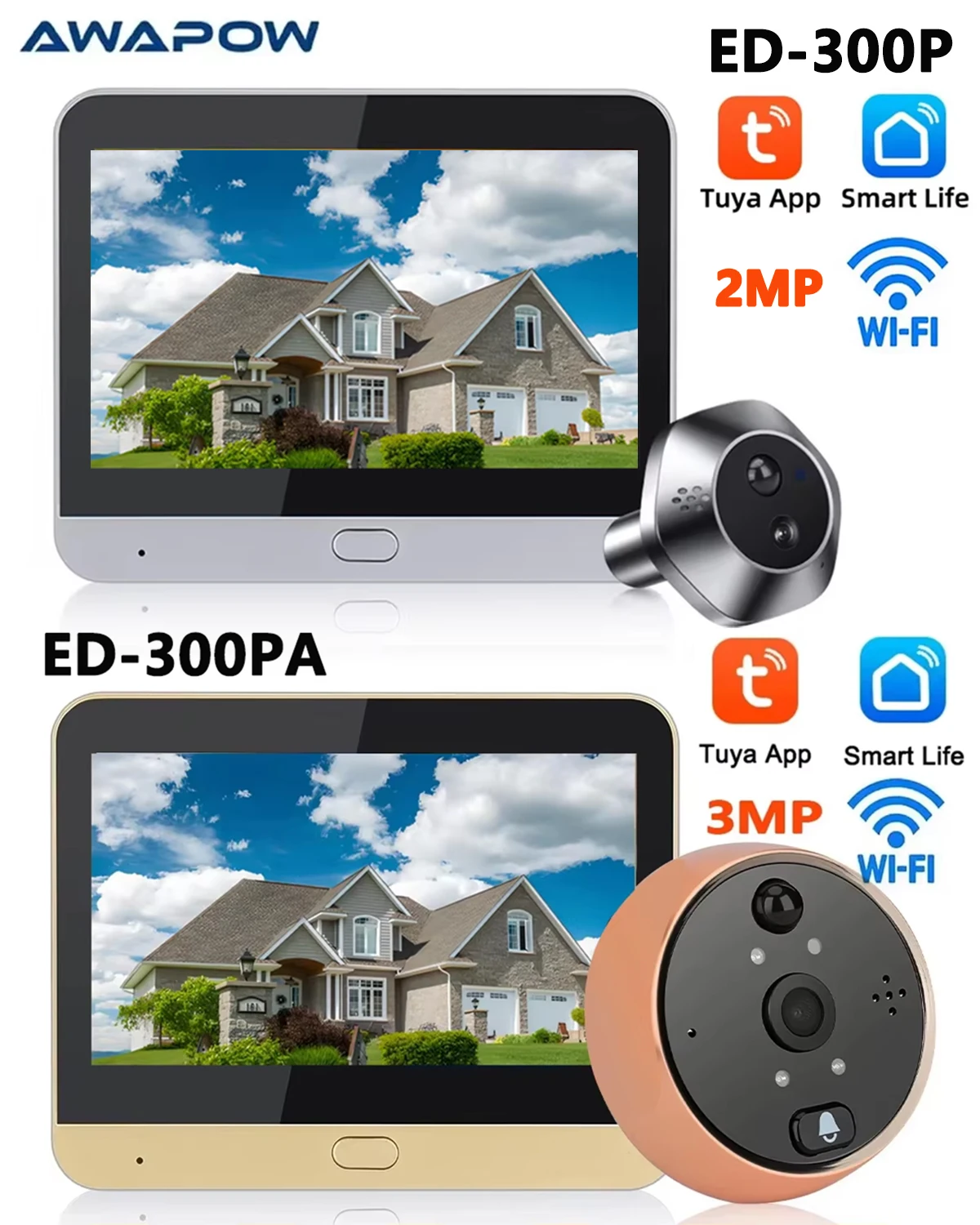 Awapow الحياة الذكية 3MP/2MP واي فاي الباب عارض رقمي تويا العين كاميرا بثقب دقيق 5000mAh بطارية PIR كاشف حركة المنزل آمن