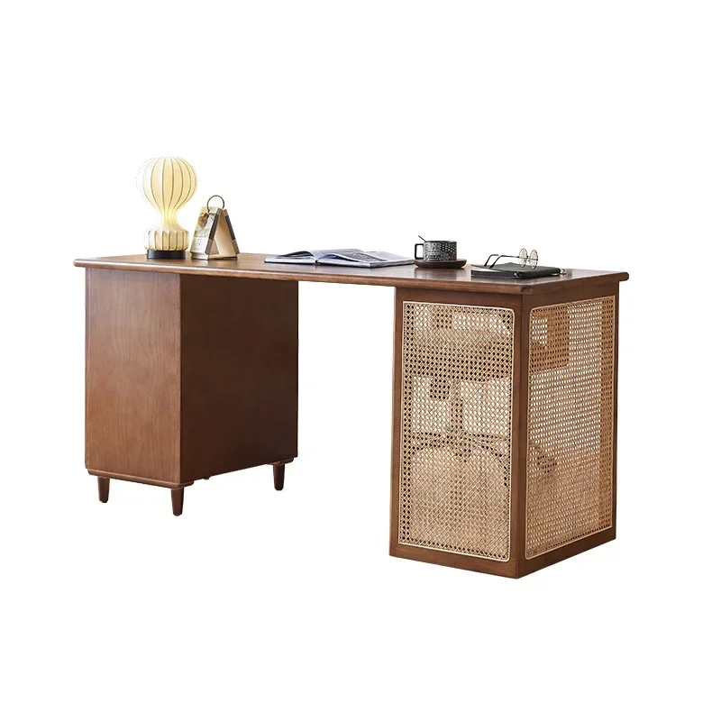 Nordic home solid wood desk living room bedroom student study table multifunctional Japanese computer table rattan desk