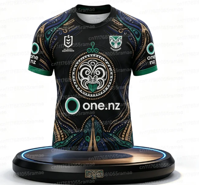 Familien-Matching Warriors Maori Tribal Metallic Print Rugby-Trikot Oversized Einfarbig Schwarz Vollständiges Koru-Muster Nummer 1 – Detail 4