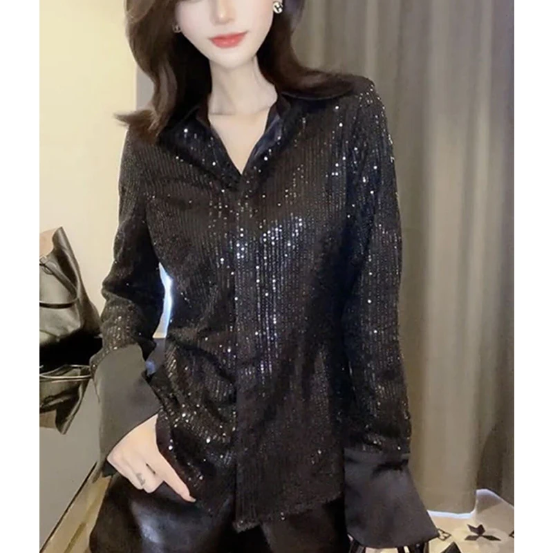 Spring Autumn Polo-neck Elegant Fashion Sequins Blouse Female Long Sleeve Casual Cardigan Shirt Women Temperament Buttons Top