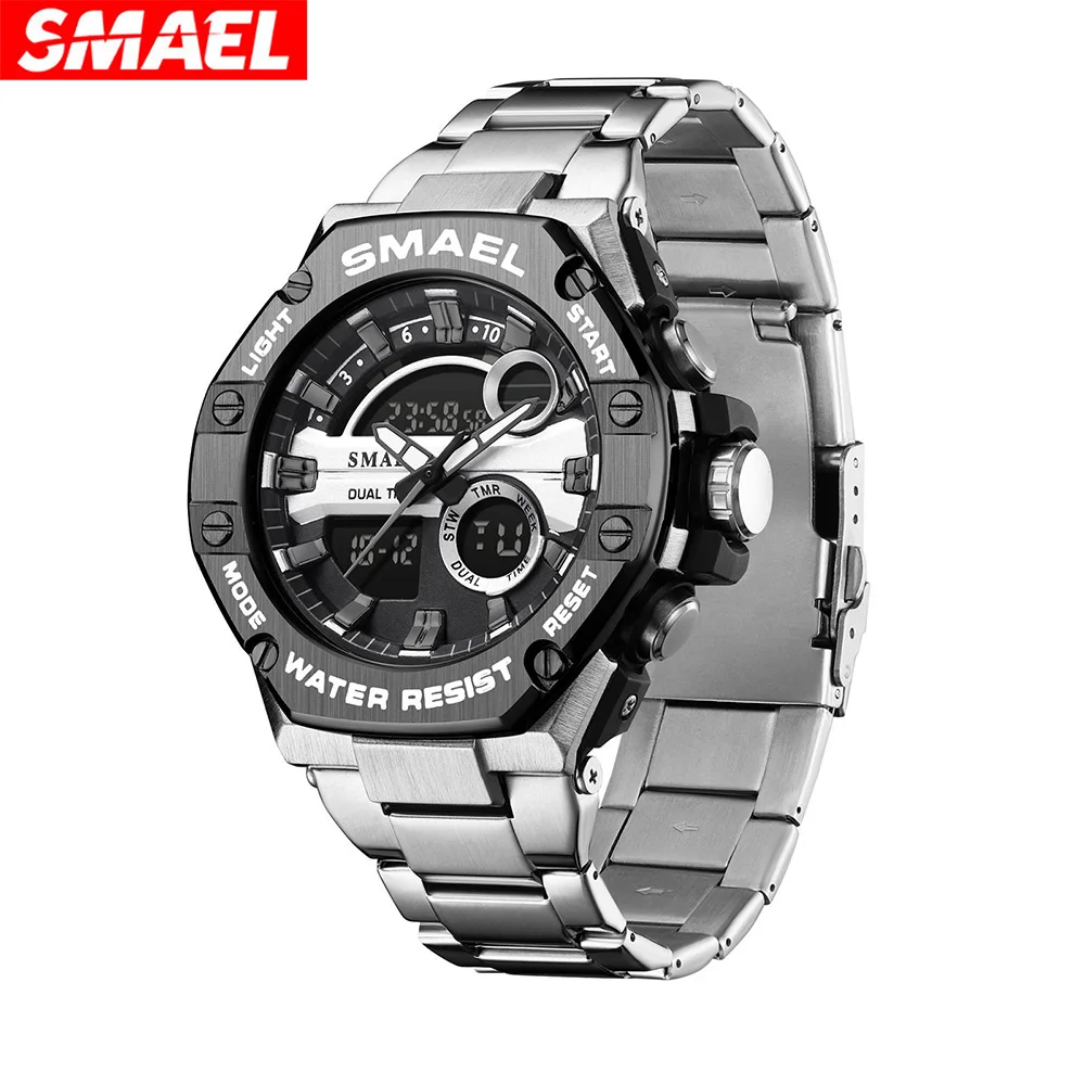 SMAEL  alarm clock multifunctional 8090 alloy steel strip dual display electronic watch men's waterproof