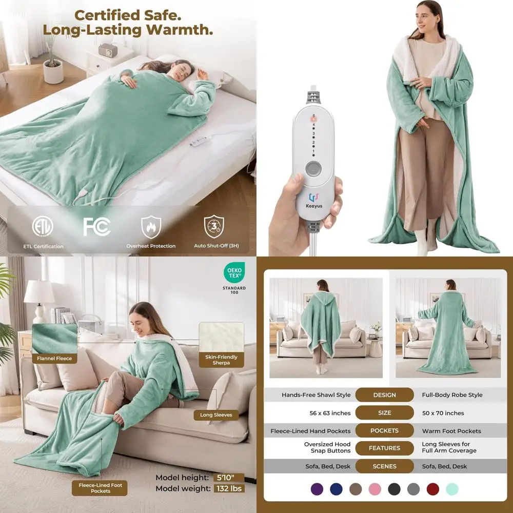 

Heated Blanket with Foot Pocket & Sleeves, 5-Setting Electric Robe, Auto-Off, Washable, ETL Certified, 50x70 Light Green