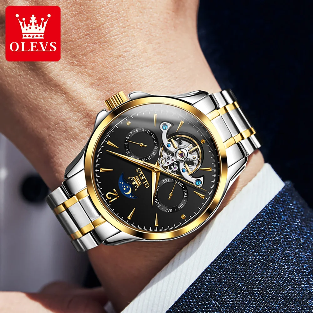 OLEVS 6663 Automatic Mechanical Watch for Man Moon phase Waterproof Flywheel Design Stainless steel Wristwatch Men Luxury Brand