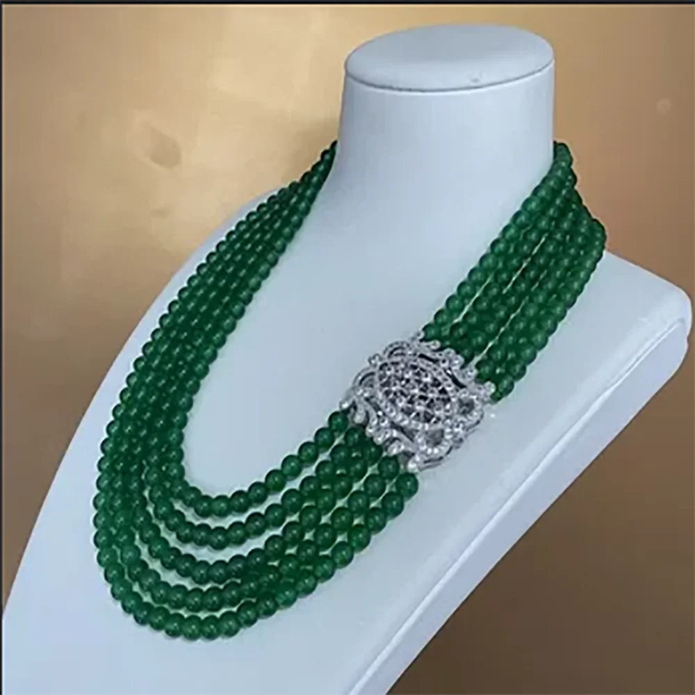 Hand knotted 5 strands 6mm green stone necklace micro inlay zircon accessorie 45-55cm fashion jewelry