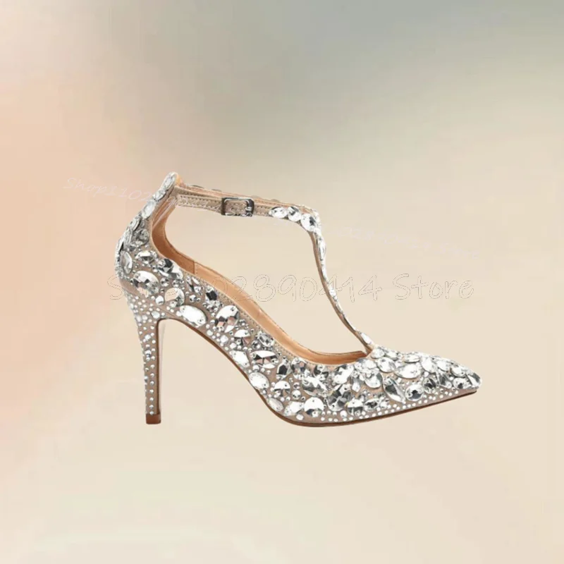 

Crystal Decor Black T Strap Pointed Toe Pumps Ankle Buckle Strap Women Shoes Thin High Heels New Party 2025 Zapatos Para Mujere
