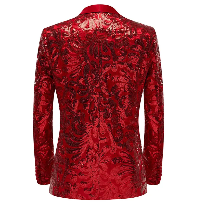 Men's Shiny Red Sequins Blazer Floral Suit Jacket One Button Shawl Lapel Tuxedo Blazers Party Wedding Banquet Prom Costume Homme