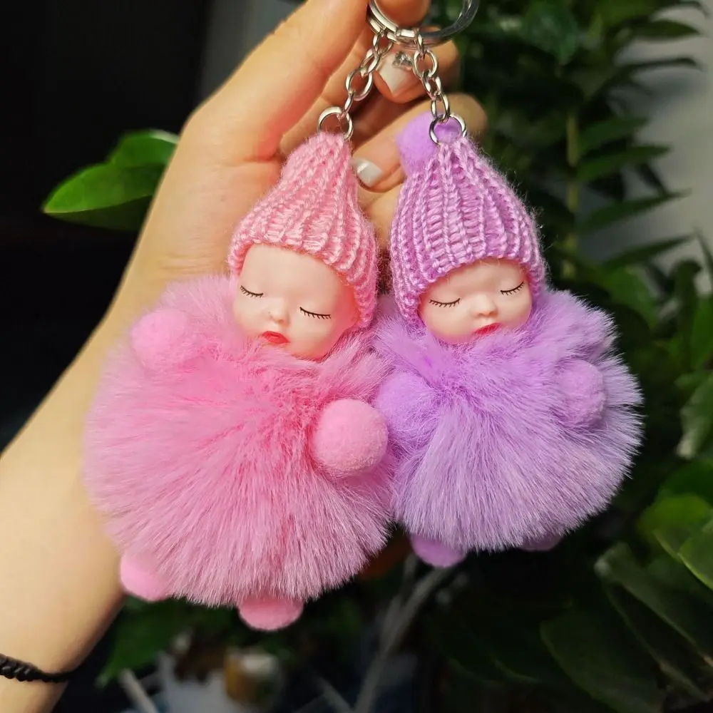 Knitted Hat Pompom Sleeping Baby Keychain Lovely Solid Color Sleeping Baby Key Chain Cute Fluffy Sleep Baby Pompom Keyring