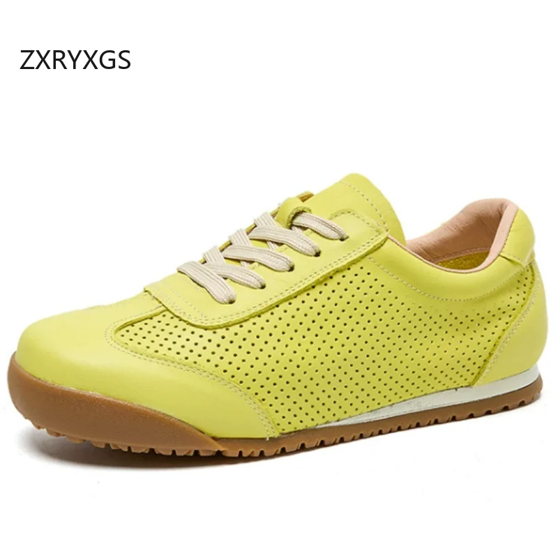ZXRYXGS Promotion Soft Genuine Leather Hollow Breathable Sneakers Flat Shoes 2026 New Lace-up Women Trendy Sneakers Casual Shoes