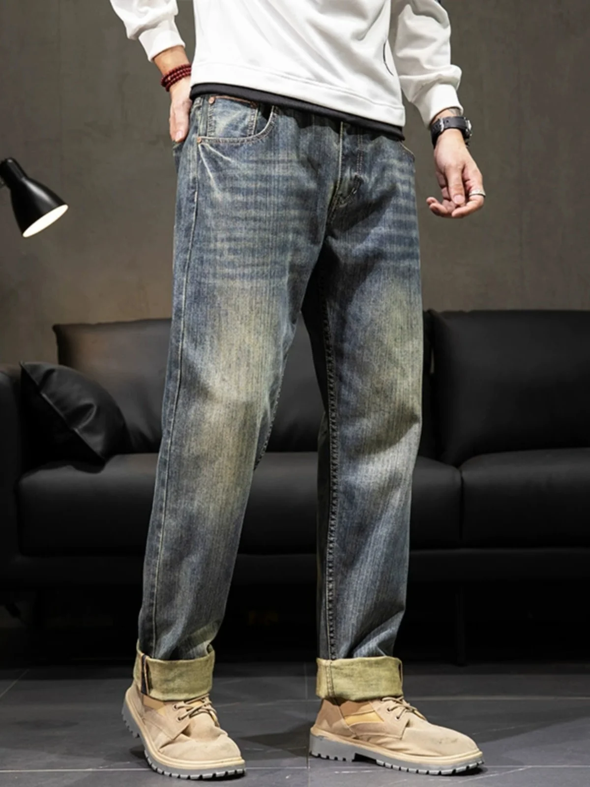 

Heavyweight Red d Selv Denim Jeans Men's Loose Straight Cut Pure Cotton Narrow Width Ranching Faion Urban Winte...