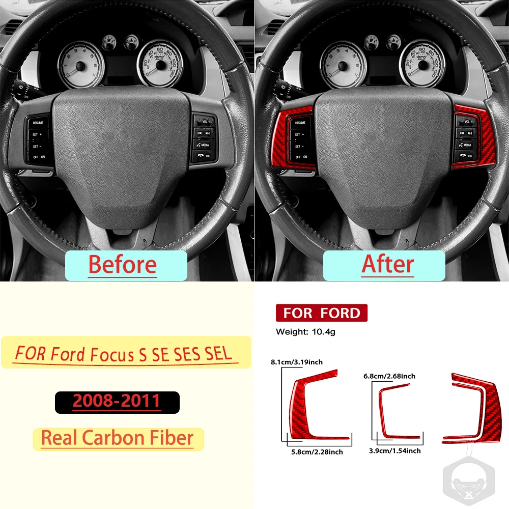 For Ford Focus S SE SES SEL 2008-2011 Car Steering Wheel Button Frame Trim Real Soft Carbon Fiber Interior Accessories Stickers