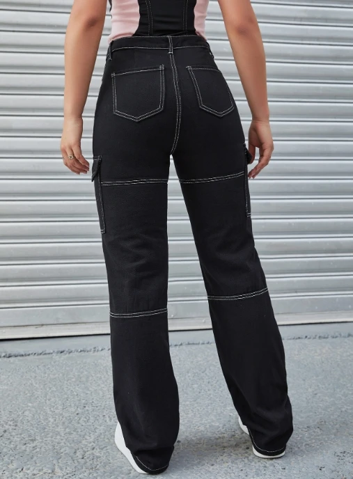 Pocket Straight Leg Jeans, Women's Black Workwear Pants, New Hot Selling Fashion Casual Pants, Suspender Pants