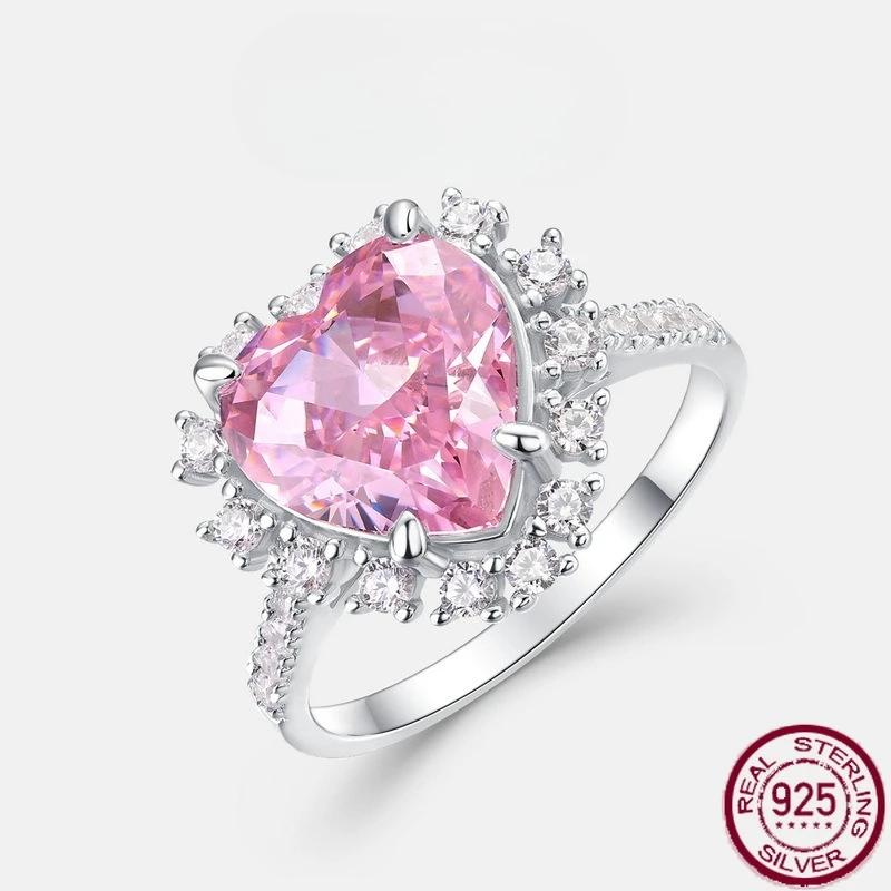

New S925 sterling silver heart-shaped super sparkling pink high carbon diamond ice flower cutting ring wedding jewelry