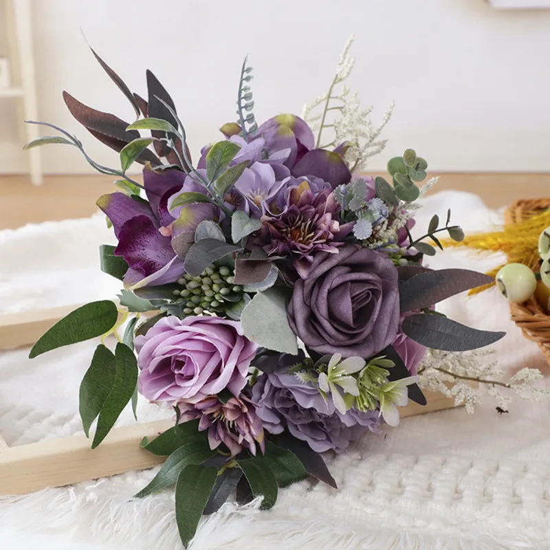 

Wedding Bouquets for Bride color of purple Artificial Wedding Tossing Bouquet Cascading Bridal Flowers Bouquet for Ceremony