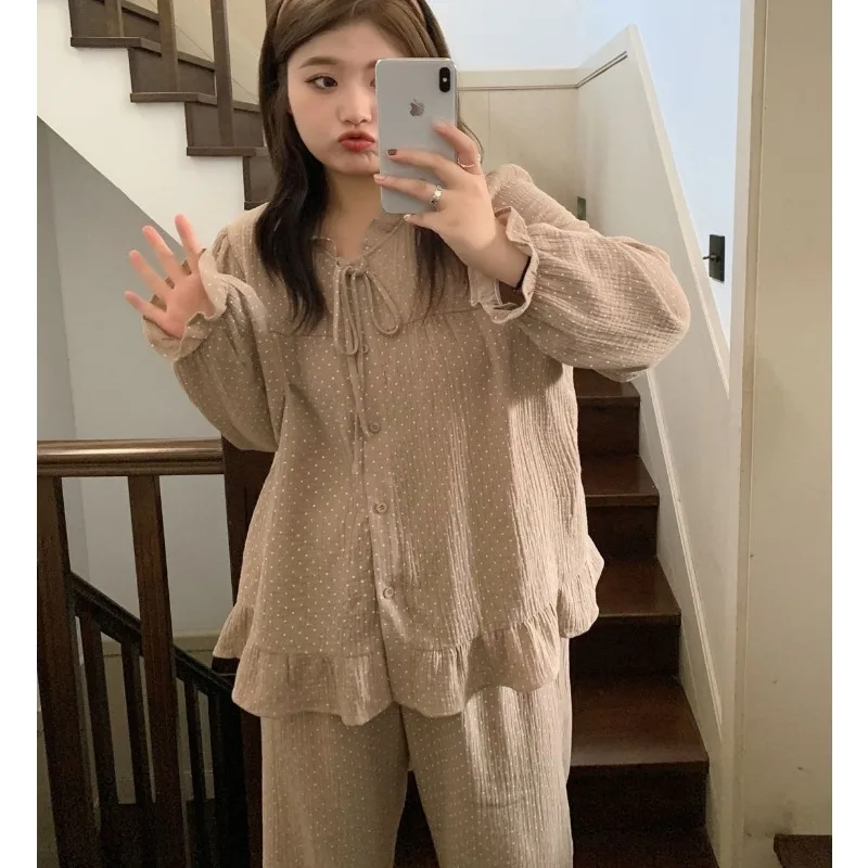 

2023 New Cotton Extra Large Women's Loungewear French Casual Pajamas Autumn Winter Homewear Set Falbala Loose Sweet Sleepwear