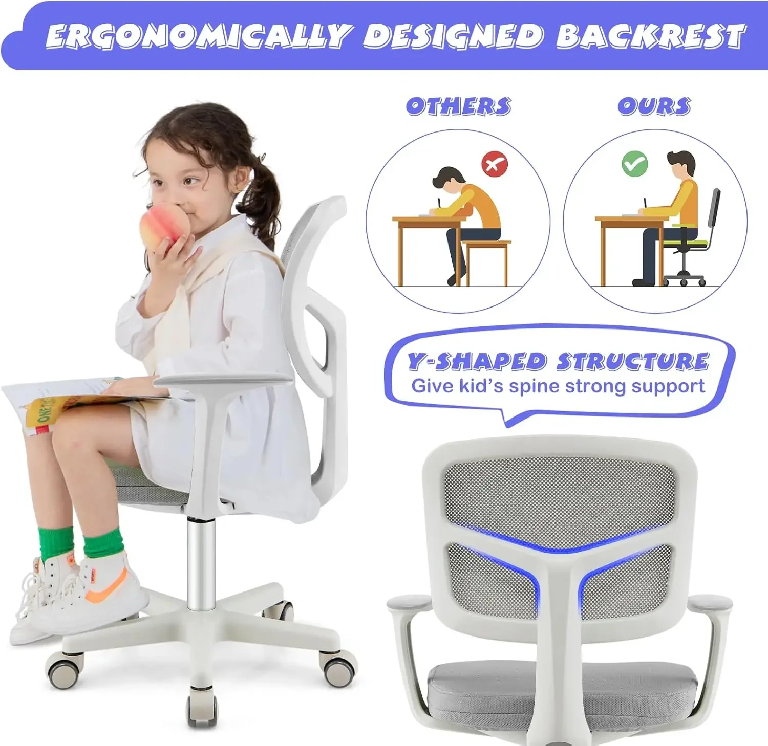 Adjustable Children Study Computer Chair with Arms & Wheels, Student Swivel Rolling Task Chair, Ergonomic Kids Office Chair for