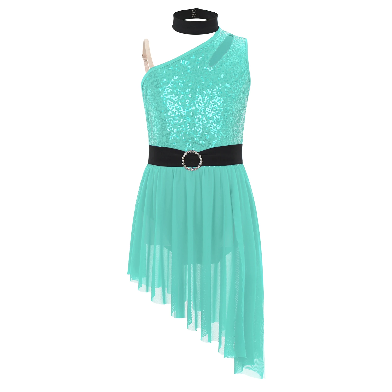 

Kids Girls Sequins Lyrical Ballet Dance Dresses Asymmetrical Hem Latin Dancewear Figure Skating Performance Competition Costume