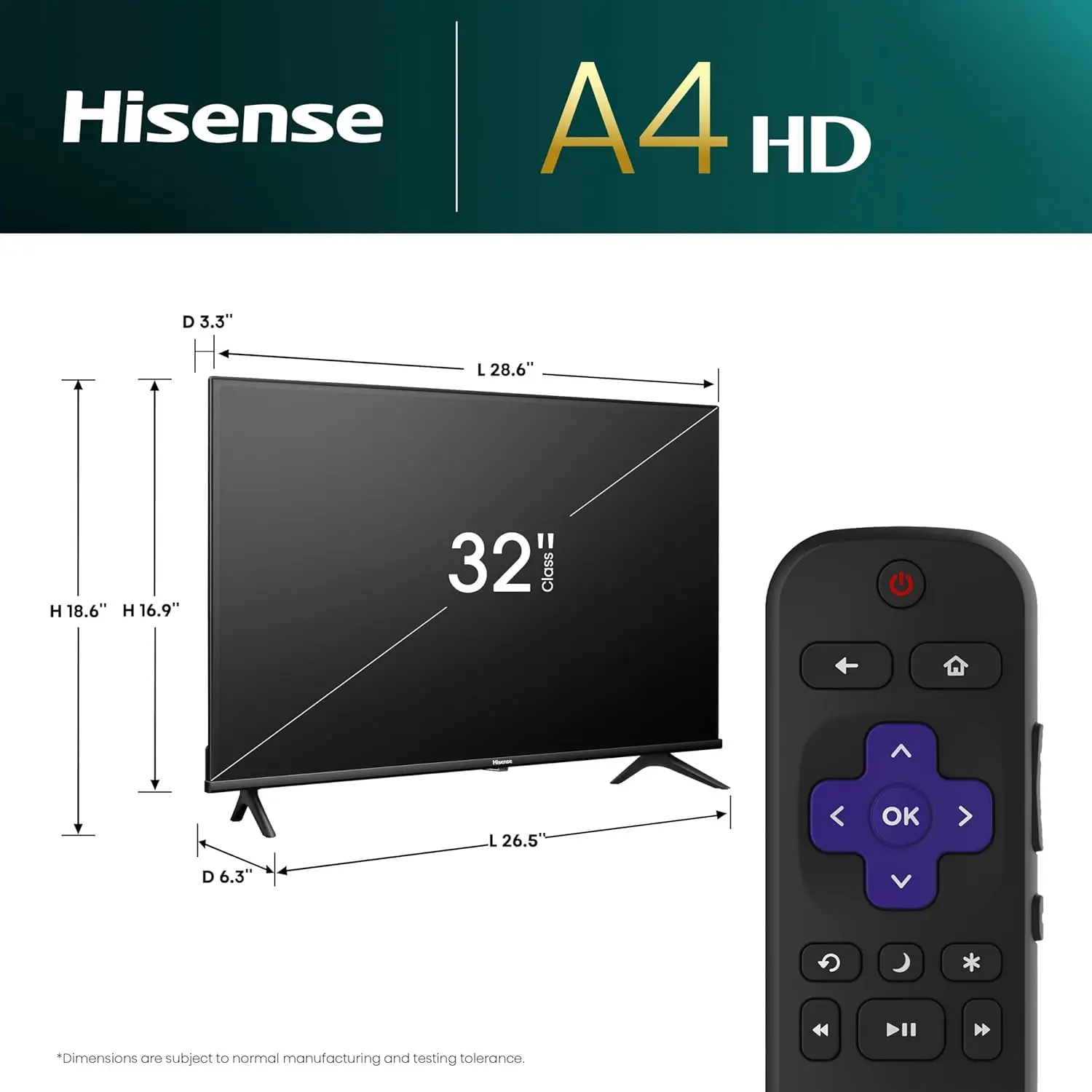 Hisense 32-Inch Class A4 Series HD 720p Smart Roku TV with Alexa (32A4HNR, 2024 Model) - Dolby Audio, Slim Bezel Design, Google