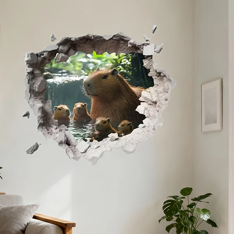 Broken‑Wall Capybara Wall Sticker Size 30x30cm Realistic Broken‑Wall Effect Several Cute Dull‑Witted Capybaras Soaking In Stream