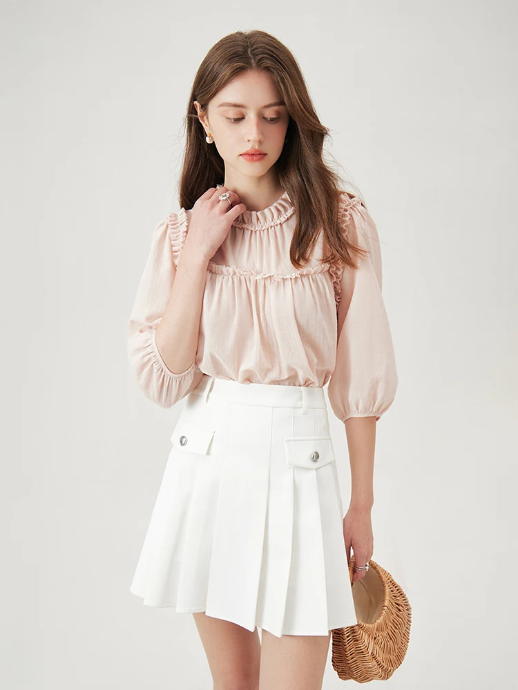 FSLE 100% Cotton Women Pink Three-quarter Sleeves Blouse Peter Pan Collar Short Shirts Summer Solid Tops 24FS12941