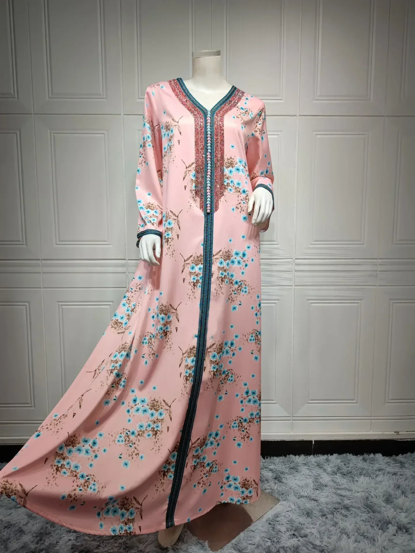 Floral Print Muslim Abaya Pink Dress Pink Hot Diamond V-neck Kebaya for Women Hijab Veil Set Islamic Djellaba Gown Robe Musulman