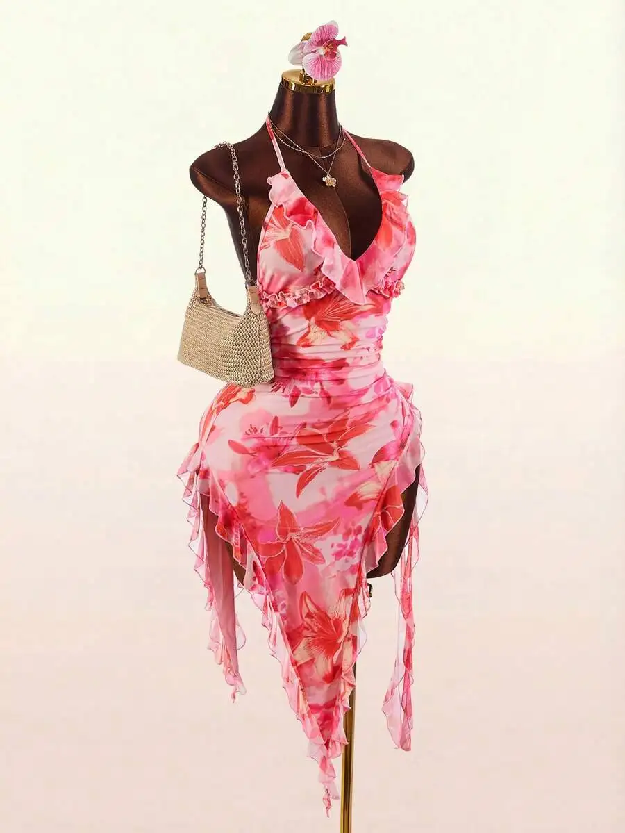 

Women Summer Sexy Deep V-Neck Ruffle Asymmetric Hem Wrap Bodycon Dress Floral Print