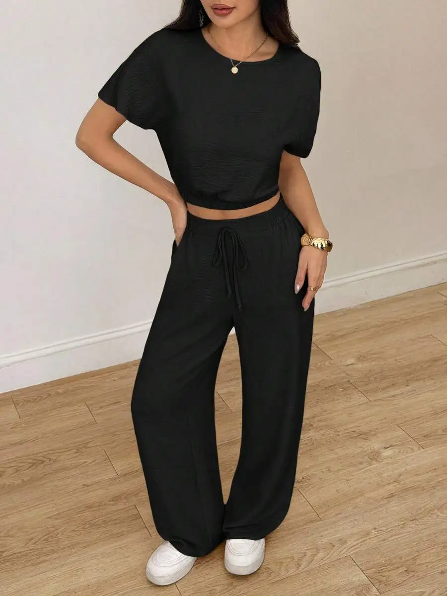 

Black Batwing Sleeve Crop Top And Drawstring Waist Wide Leg Pants Set Casual Comfortable Two Piece Outfit