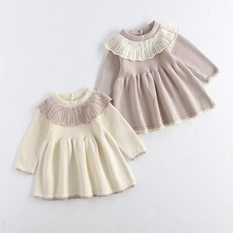 

0-5Y Children's Sweet Lotus Leaf Collar Sweater Dress Autumn Baby Girl's Knitted Clothing Princess Dress Kids Girls Outfit