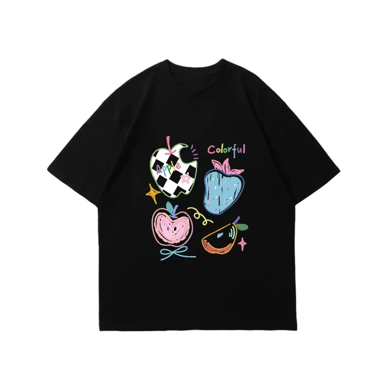 2000s Colorful Doodle Fruit Print T-Shirt Y2K Aesthetic Clothes for Women Free Delivery Shipping Clothes Woman Y2k Cutecore Tops