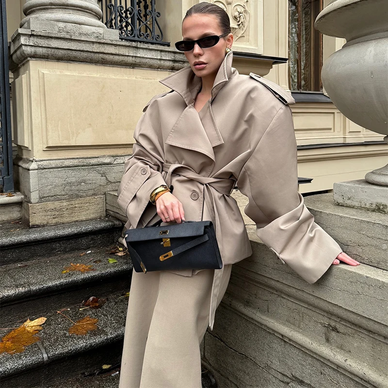 Casual Loose Jacket Women Stand Collar Long Sleeve Belt Double Breasted Short Windbreaker 2025 Spring Fashion Chic Streetwear zz