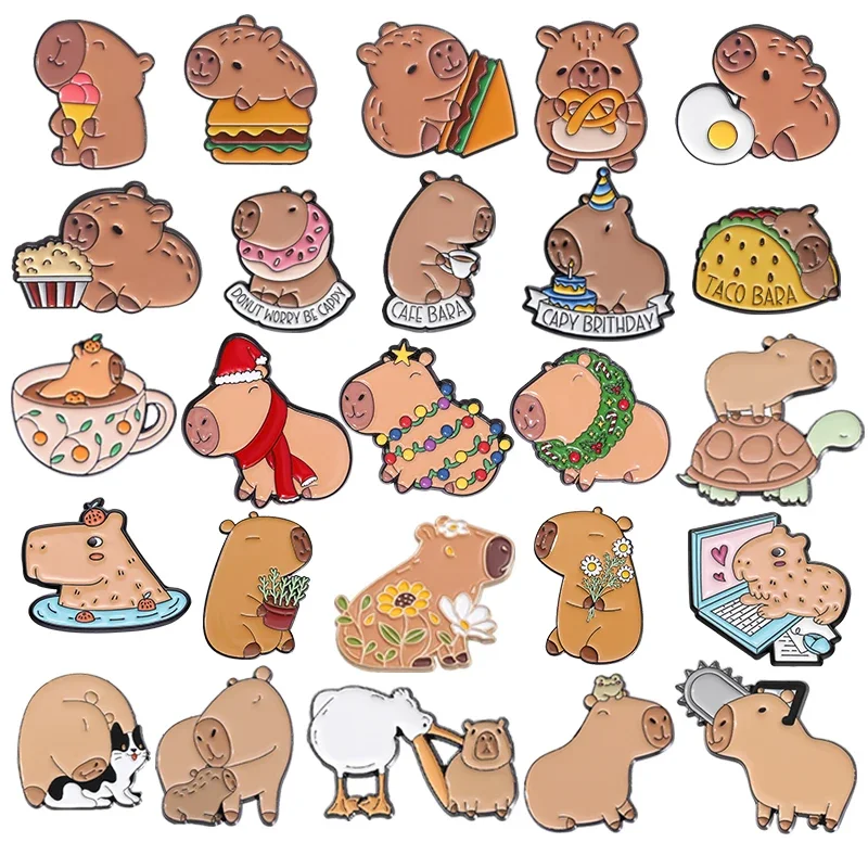 Cute Cartoon Capybara Hippo Burger Series Enamel Pins Custom Christmas Capybara Brooch Lapel Badge Jewelry Gift for Kids Friends