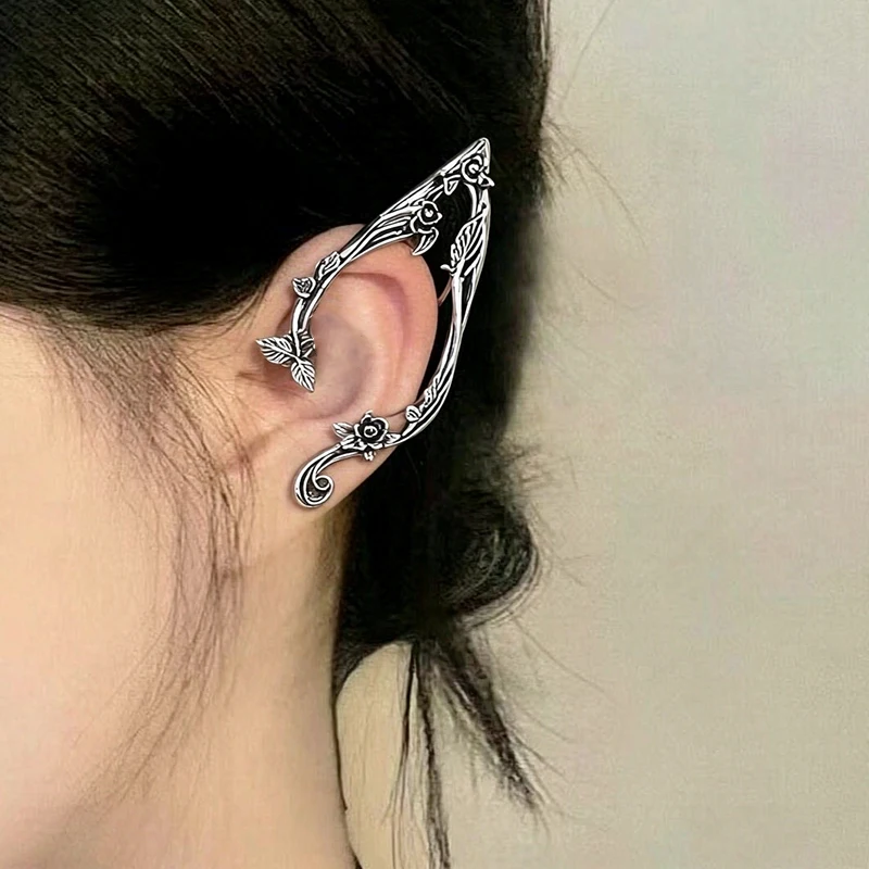 Retro Elf Flower Leaf Ear Cuff Non Pierced Ear Clip Vintage Fairy Earrings for Women Wedding Jewelry Party Costume Accessory