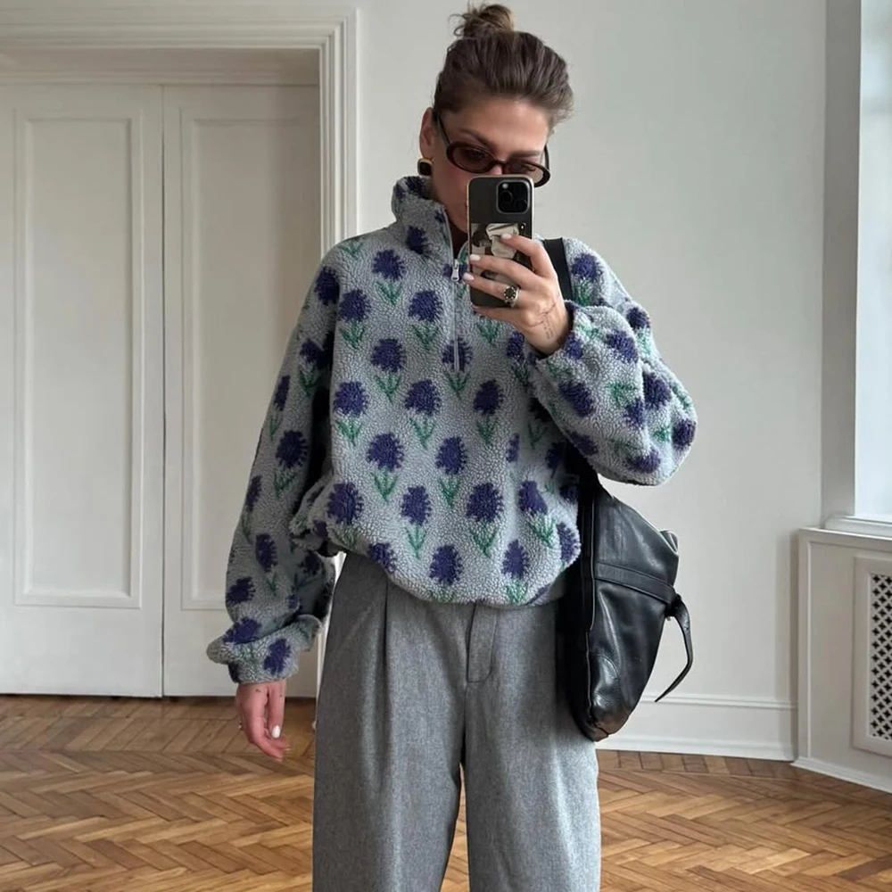 Ticketsx المرأة المطبوعة فرو الضأن هوديس خمر أزياء الأزهار التباين فضفاض البلوز خريف شتاء عارضة الشارع مكتب هوديس #2