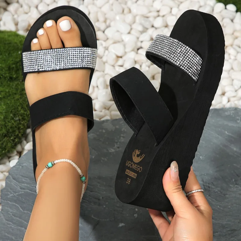 Ladies Shoes 2024 High Quality Peep Toe Women\'s Slippers Fashion Crystal Casual Slippers Women Summer Plus Size Wedge Slippers