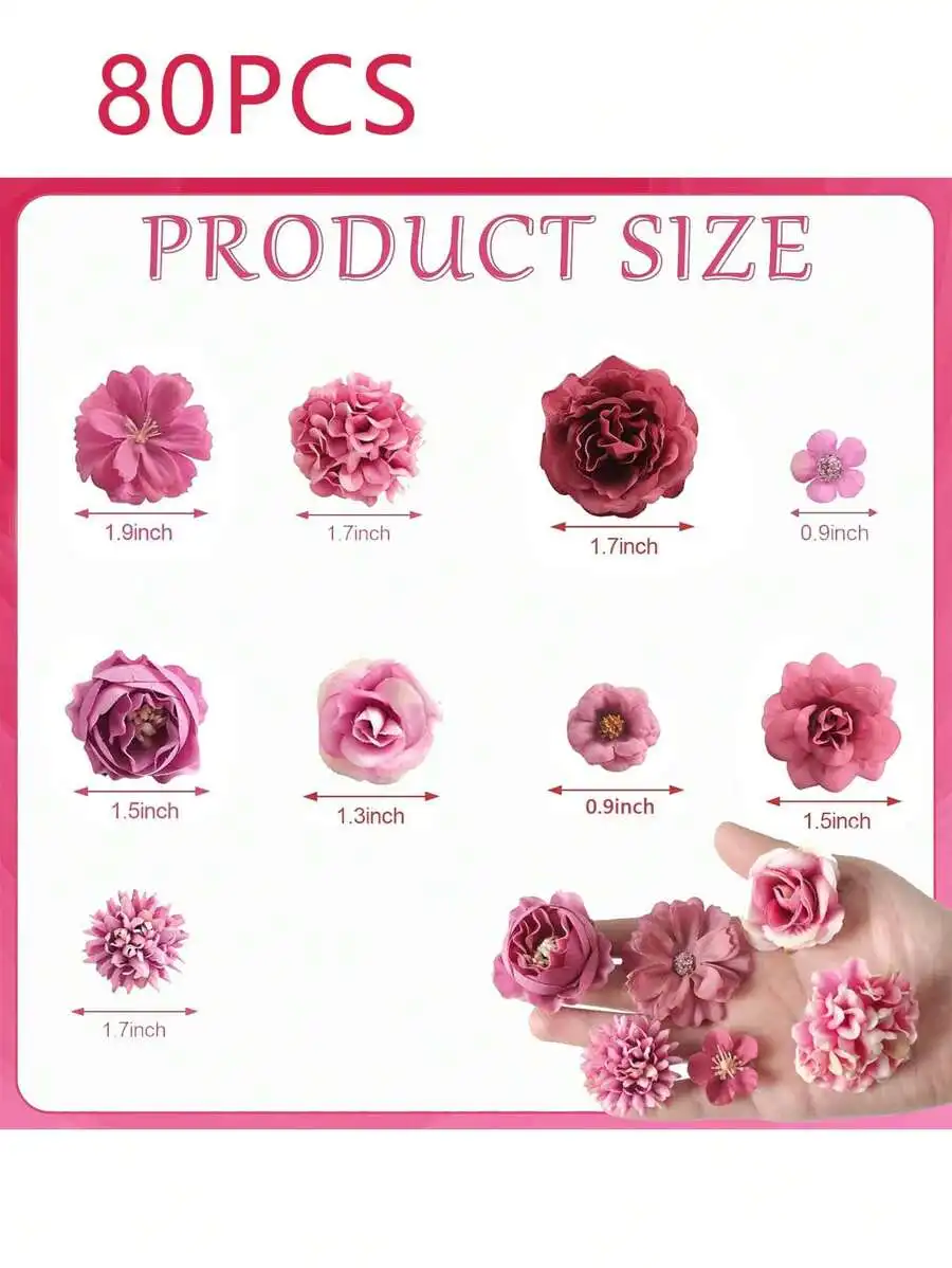 

80Pcs Pink Mini Artificial Flower Heads Silk Plum Blossom Peony Rose Daisy For DIY Wreath Cake Wedding Party Hat Shoes Vase