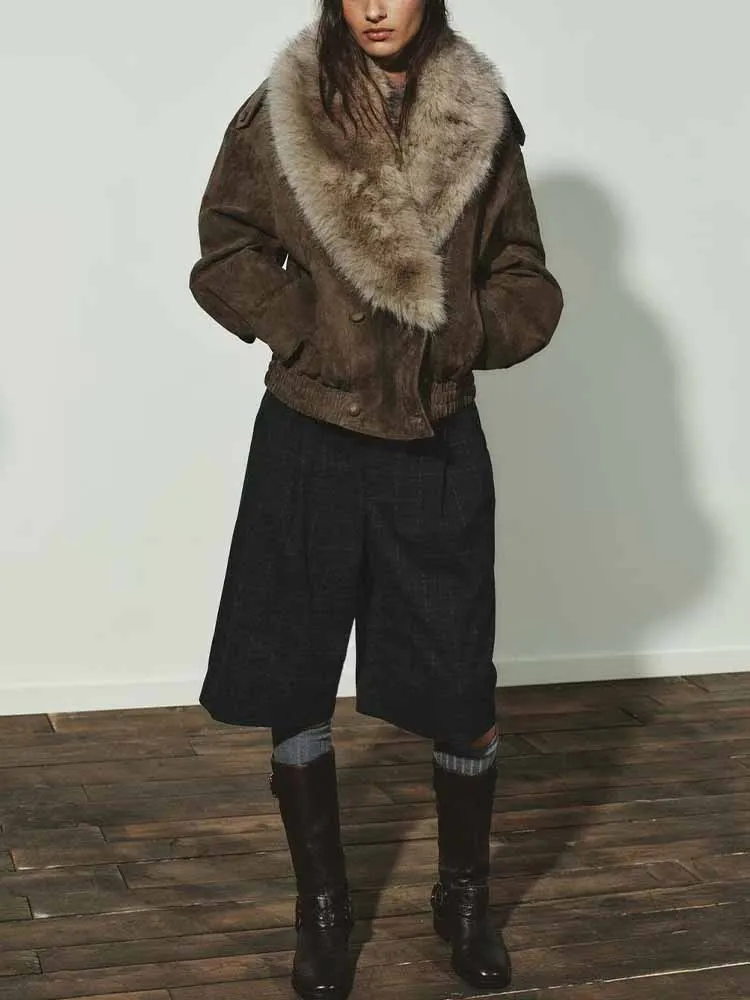 

European and American style winter new arrival fashionable women's jacket with fleece fabric and large fur collar