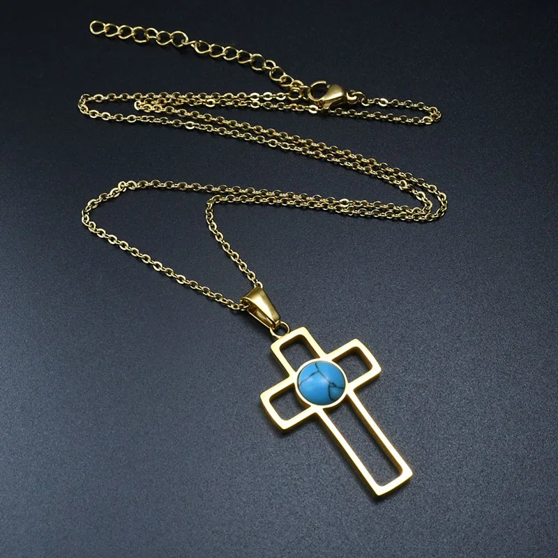 

Bulk Jewelry Wholesale Lead Nickel Free Stainless Steel Blue Turquoise Setting Hollow Cross Penadant Necklace for Women Men