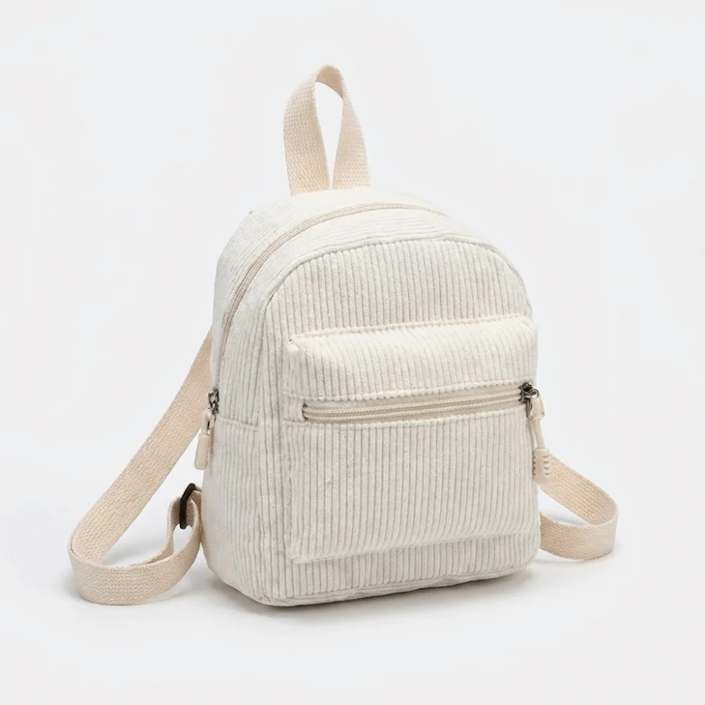 Fashion Solid Color Corduroy Mini Backpack Zipper Lightweight Double Shoulder Bag Portable Multi Pocket Daypack Women