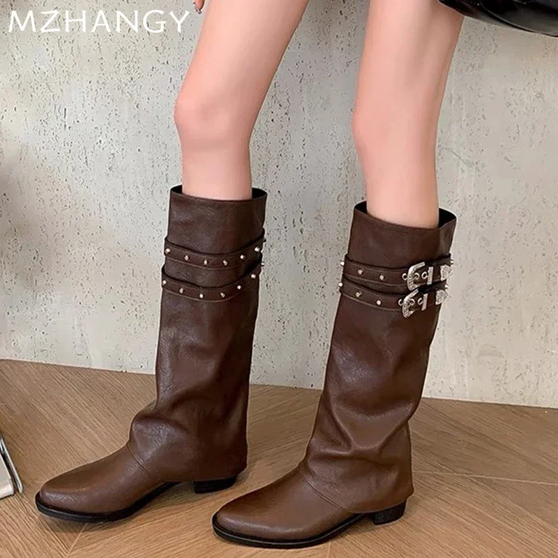 Women Pointed Toe Chelsea Boots Mid Heels Leather High Boots 2024 Winter Designer Fad New Party Sexy Trend Dress Female Botas