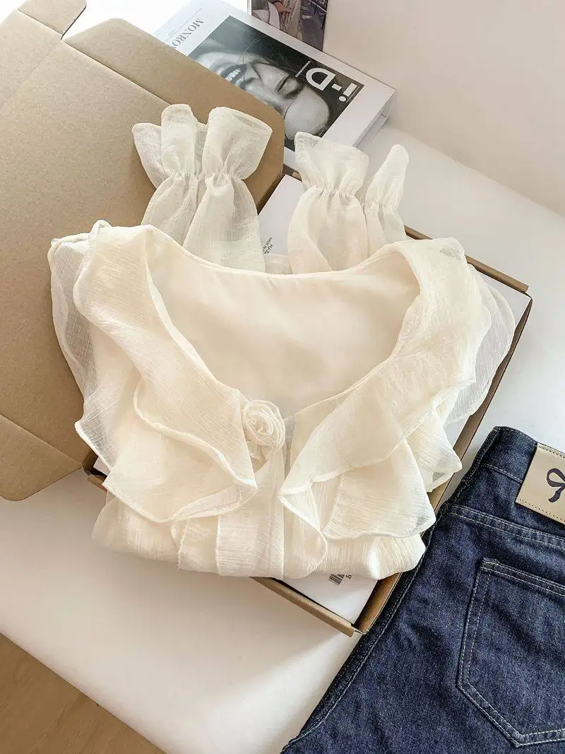 

Chic Spring Silk Blouse Women's Chiffon irt Floral Embelliment High Waist Knitted Fabric Long Sve V-Ne Color