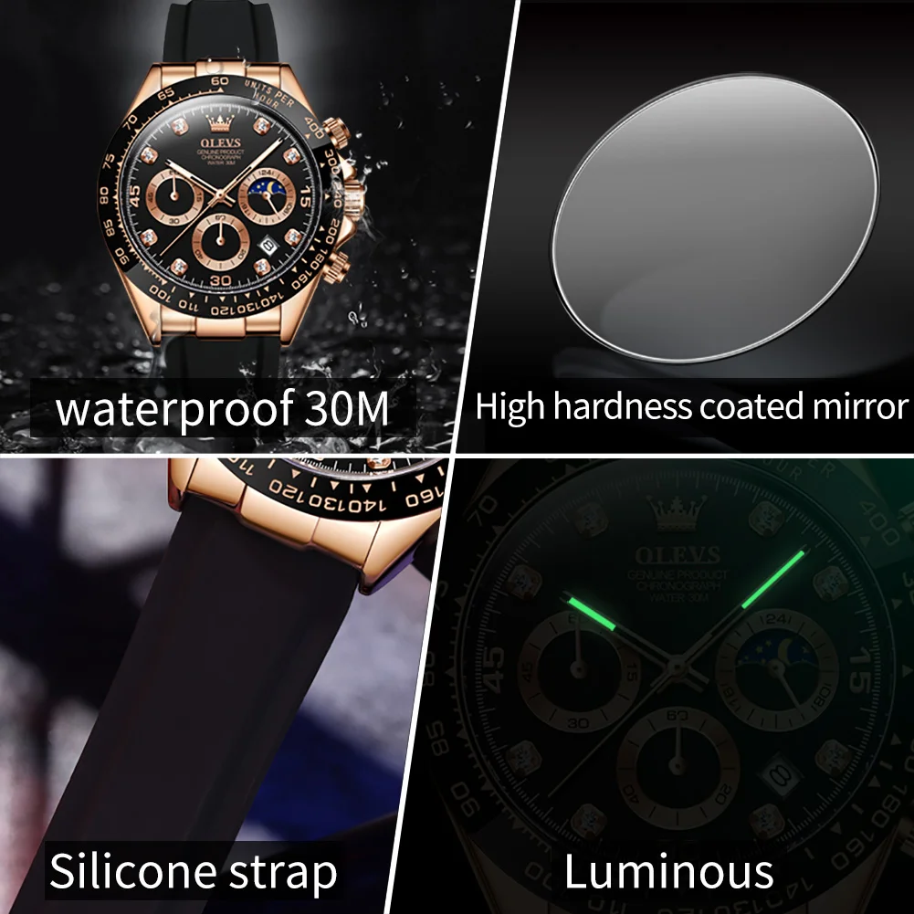 OLEVS New Sport Multifunctional Chronograph Quartz Watch for Men Silicone Strap Waterproof Luminous Date Moon Phase Wristwatch