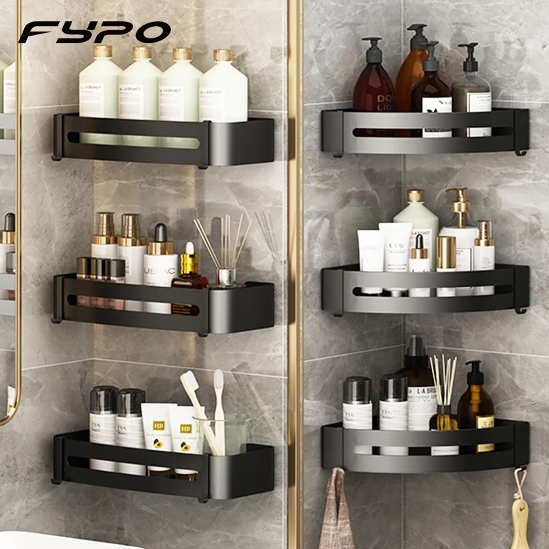 

No Drill Bathroom Shelf Aluminum Corner Shelf Bathroom Storage Shelves Wall Mounted Shampoo Holder with Hooks Bathroom Accessori