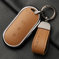 Alloy+Leather Key fob cover For Aito M5 M7 Car Smart Key Fob Case Cover Keyless Protective Shell Ring Keychain Auto Accessories