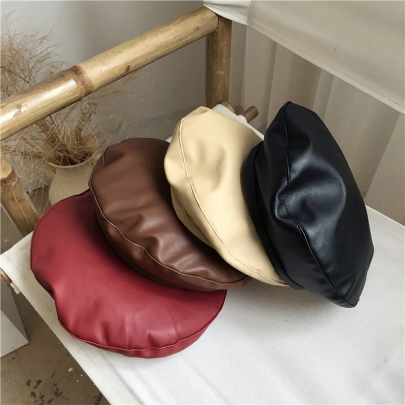 Women Girl Beret Hat French Retro Artist Beanie Hat Elegant Solid Color PU Leather Lady Painter Cap Spring Autumn Lady Berets