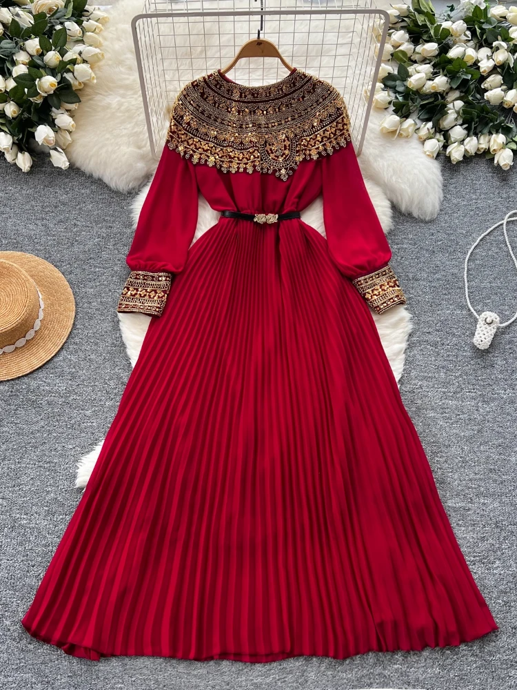 

France Elegant Vintage Luxury Evening Dress Women Sequin Sashes Pleated Long Party Dress Female Casual Chic High End Clothing