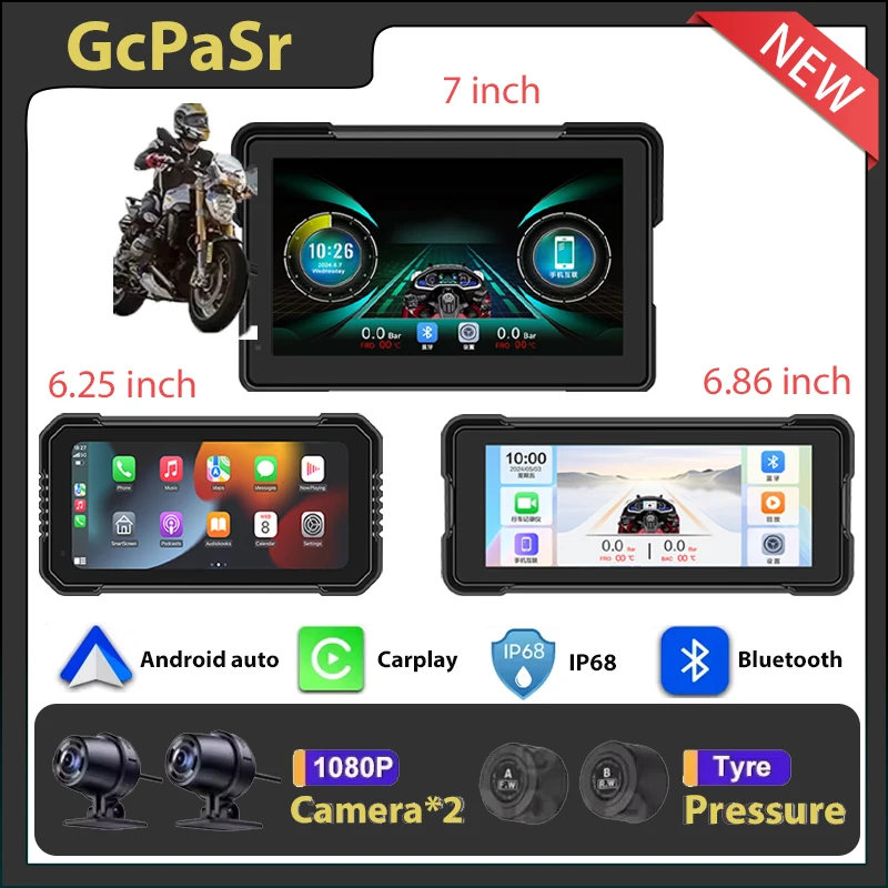 Screen For Motorcycle DVR Dash Cam with Wireless Apple Carplay Android Auto HD 1080P Camera GPS Navigation TPMS video